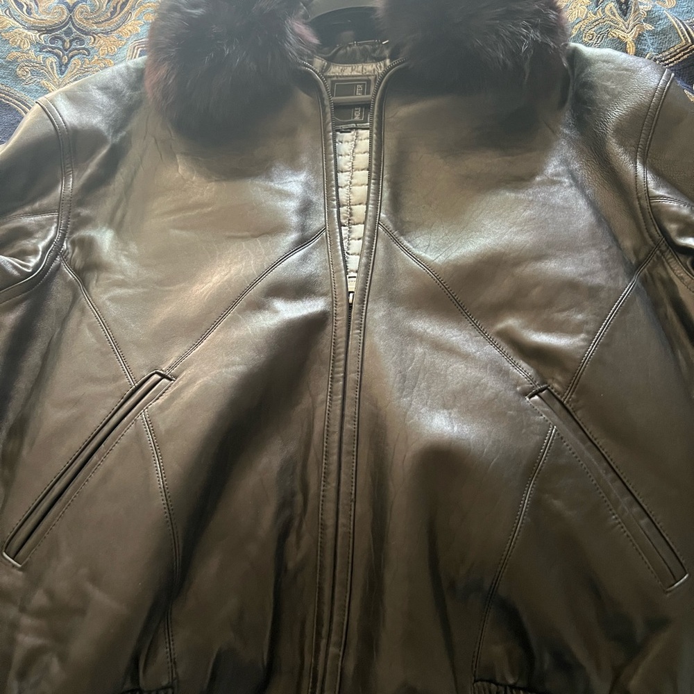 Black Leather Bomber Jacket with detachable Fur Collar